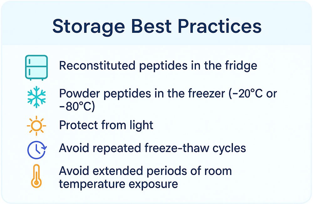 peptide best practices
Peptide packaging protected from light exposure
